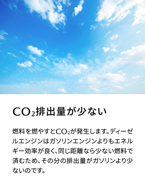 CO2排出量が少ない | 燃料を燃やすとCO2が発生します。ディーゼルエンジンはガソリンエンジンよりもエネルギー効率が良く、同じ距離なら少ない燃料で済むため、その分の排出量がガソリンより少ないのです。