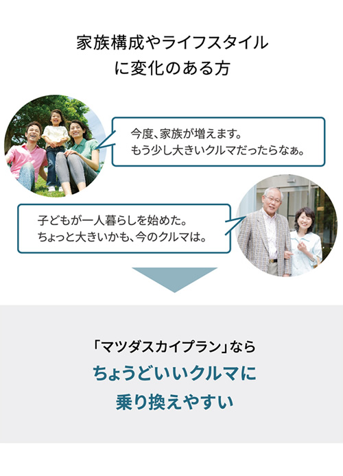 家族構成やライフスタイルに変化のある方 | 「マツダスカイプラン」ならちょうどいいクルマに乗り換えやすい